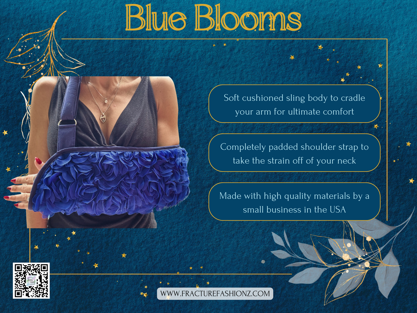 Royal Blue Blooms: Luxurious Padded Arm Sling with Chiffon 3D Flowers