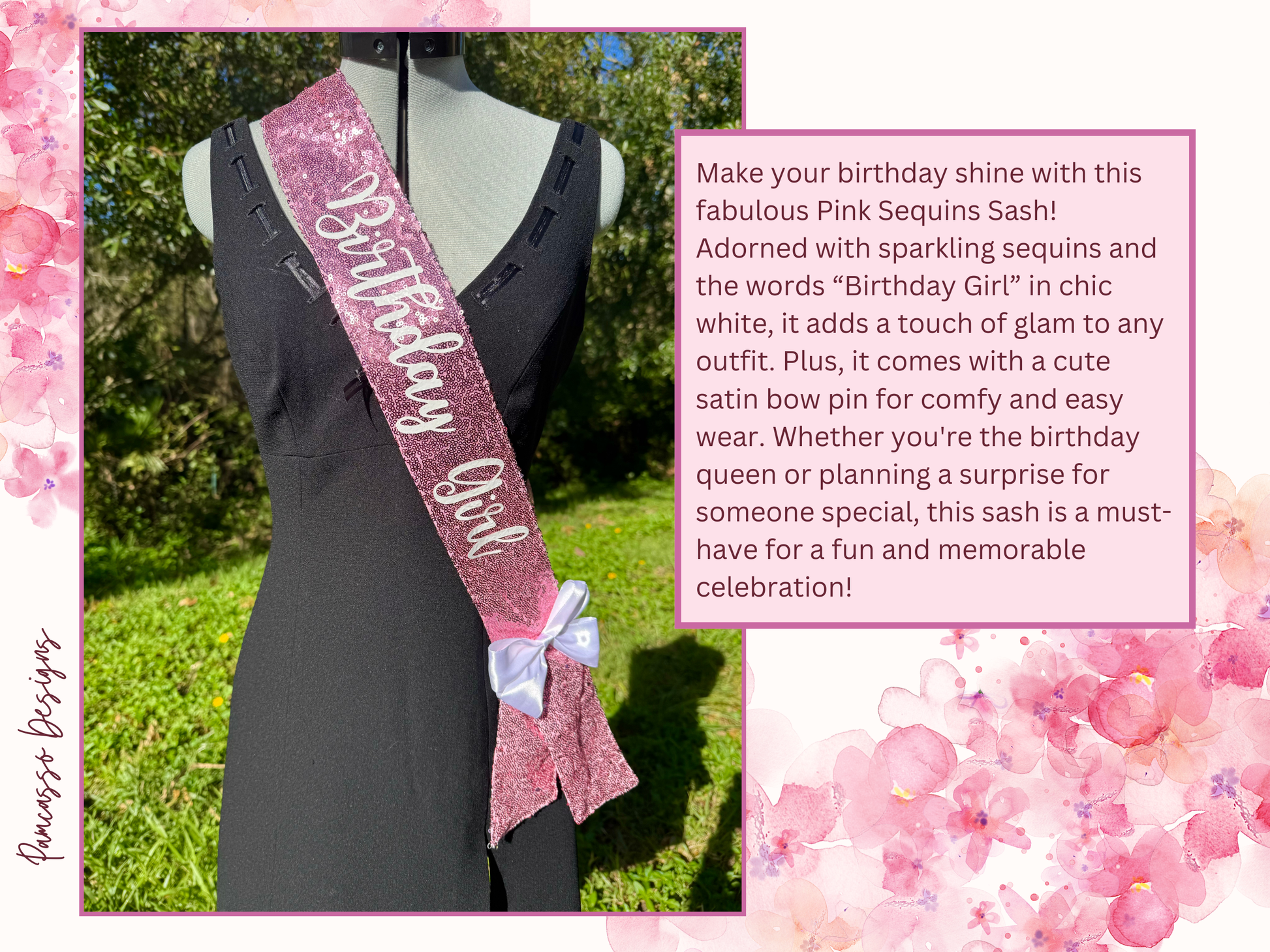 Celebrate in style with this stunning Pink Sequins Sash, perfect for making any birthday girl shine! Adorned with sparkling sequins and “Birthday Girl” elegantly written in white, this sash adds a touch of glamour to any outfit.