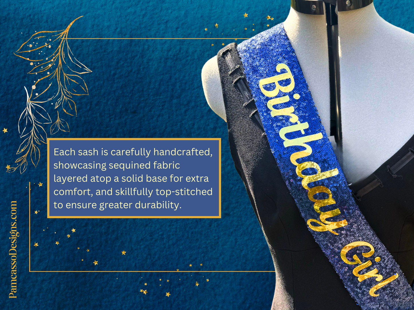 Sash | Royal Blue and Gold Customizable Sequin Sash- Birthday Party, Special Occasion Bling Sash