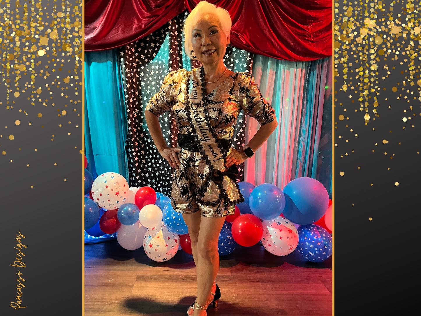 Sash | Champagne Gold Sequin Fabric Sash with Black Embroidered Flowers