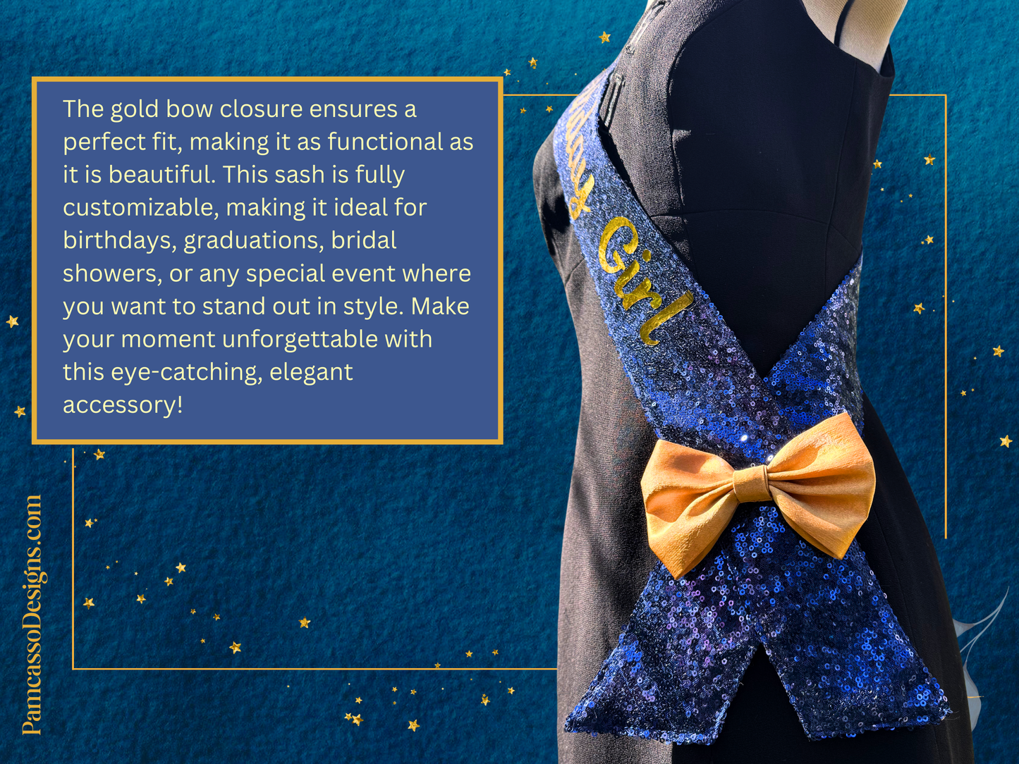 Sash | Royal Blue and Gold Customizable Sequin Sash- Birthday Party, Special Occasion Bling Sash