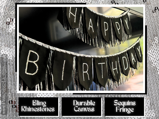 Sequins Fringe Rhinestone Happy Birthday Anniversary Banner | Luxe Glam Chic Banner | Milestone Birthday Bunting