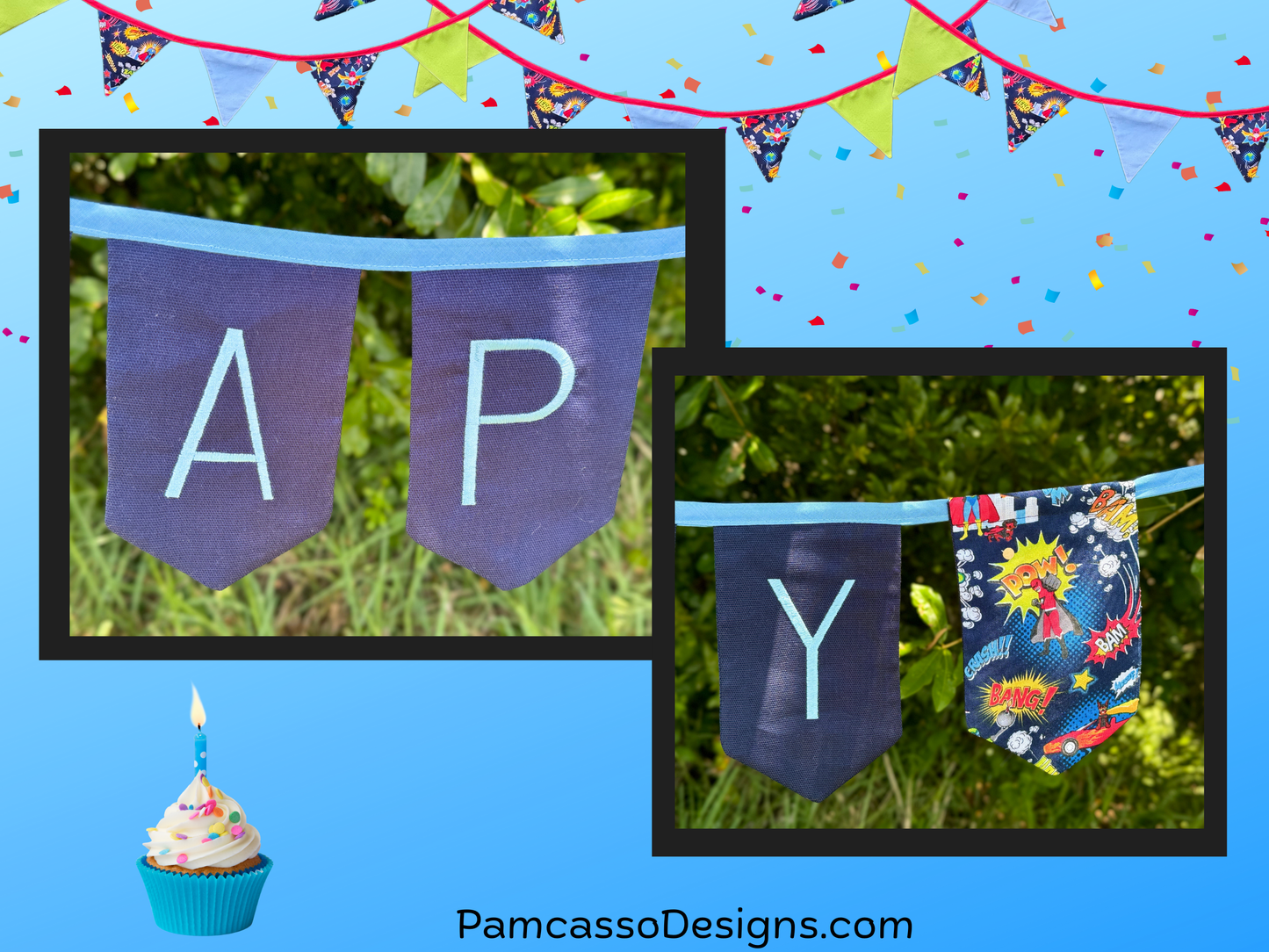 Bunting | Customizable Heavy Duty Canvas Happy Birthday Bunting with Embroidered Letters Interchangeable Theme Panels