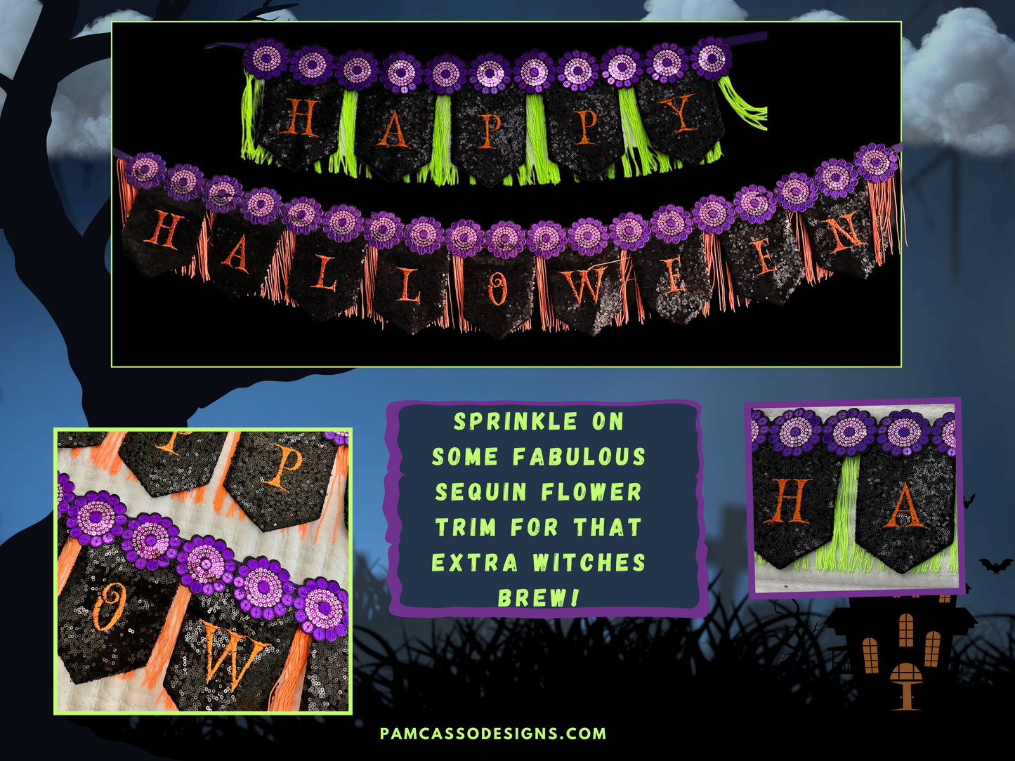 Sparkling Sequins Embroidered Halloween Bunting with Fun Fringe and Embellishments