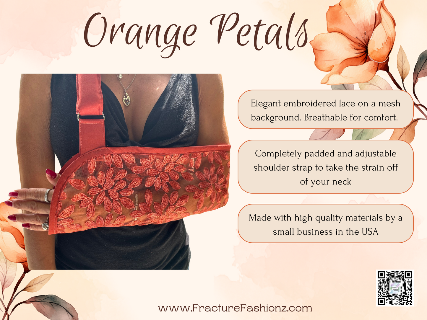 Arm Sling | Orange Embroidered Petals Arm Sling with Padded Adjustable Strap