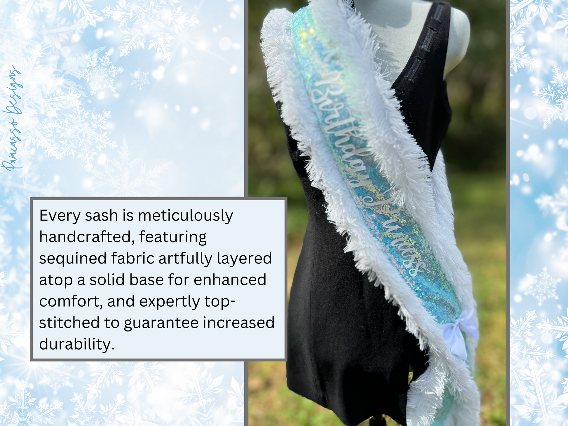 Make any celebration unforgettable with our Ice Blue Iridescent Sequin Sash! This dazzling sash features shimmering ice blue sequins that catch the light beautifully, giving it a magical glow. Trimmed with soft white faux fur for a touch of elegance, it’s adorned with ‘Birthday Princess’—or personalized with a custom message for that extra-special touch. Finished with a classic white satin bow closure, this sash is perfect for birthdays, photoshoots, or any occasion where you want to feel like royalty