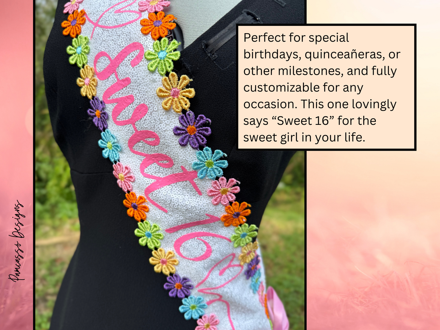 White Sequin Fabric Sash Stole with Colorful Embroidered Flowers & Pink Satin Bow – Customizable Celebration Sash - Sweet 16 - Birthday