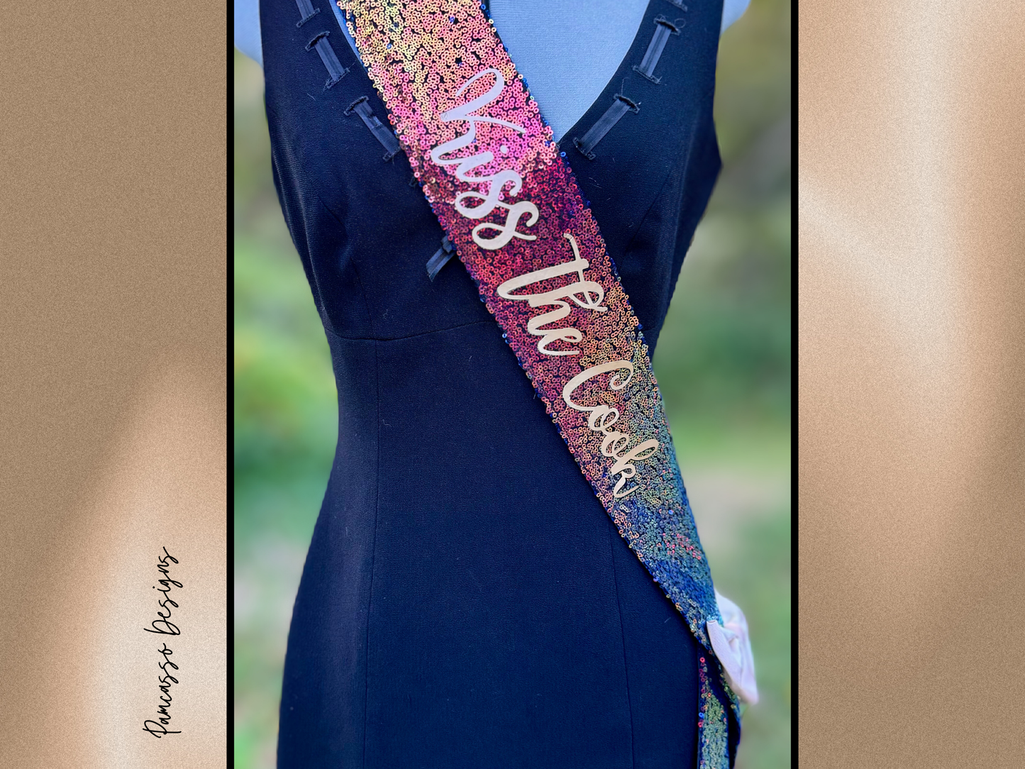 Sash | Custom Copper Sequin “Kiss the Cook” Thanksgiving Hostess Sash – Warm Orange Tones, Gold Satin Bow, Personalized Sash