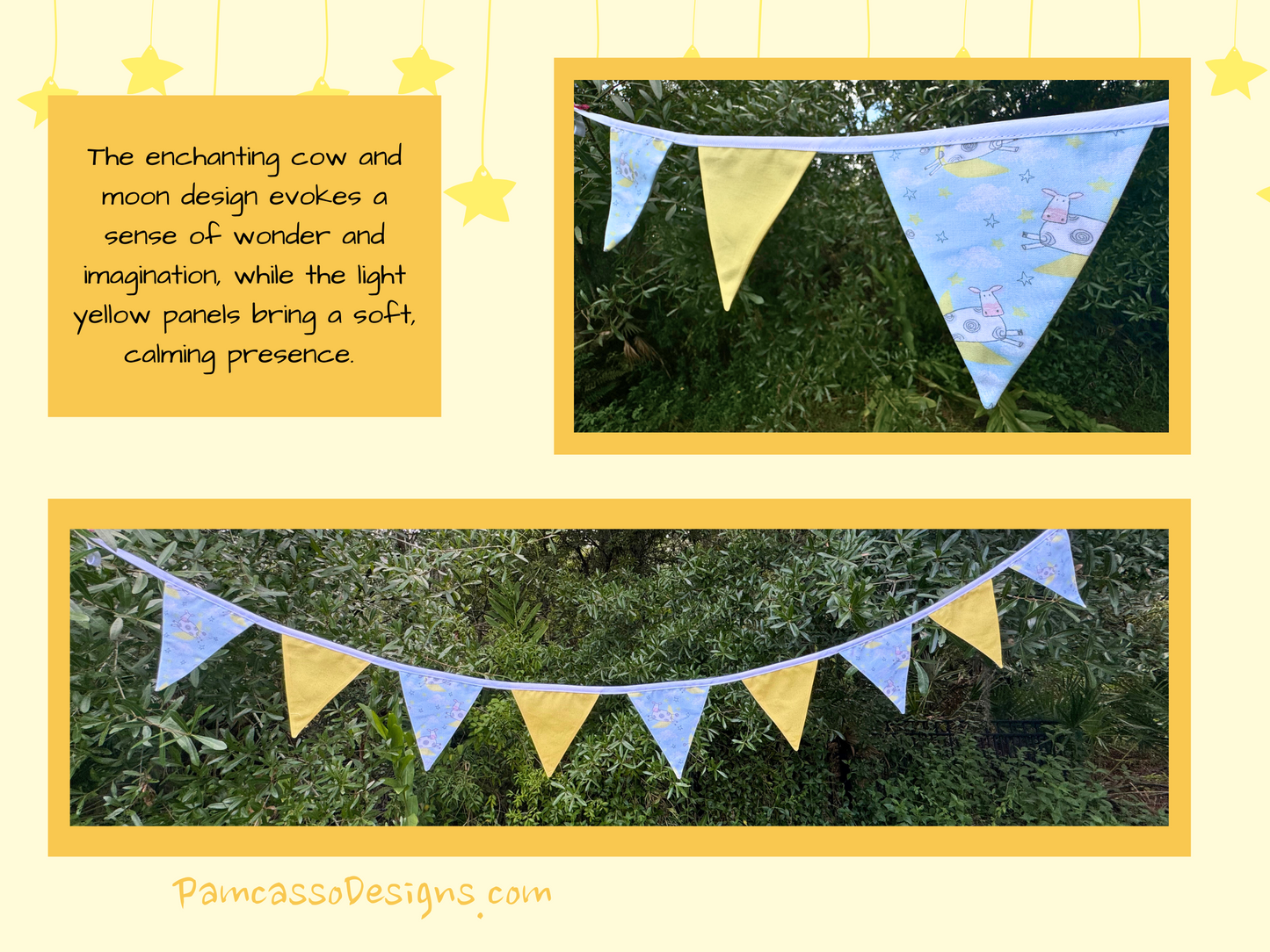 Whimsical Cow and Moon Nursery Bunting with Light Yellow Panels - Adorable Baby Room Decor - Gender Neutral Nursey Banner Decoration