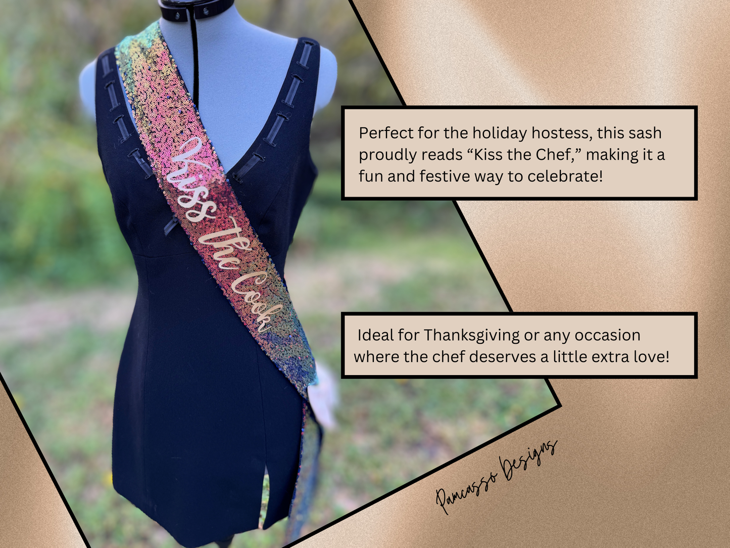 Sash | Custom Copper Sequin “Kiss the Cook” Thanksgiving Hostess Sash – Warm Orange Tones, Gold Satin Bow, Personalized Sash