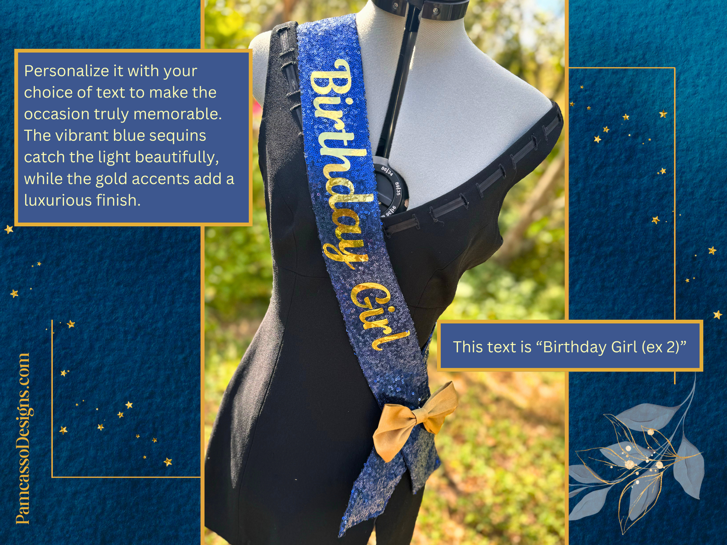 Sash | Royal Blue and Gold Customizable Sequin Sash- Birthday Party, Special Occasion Bling Sash