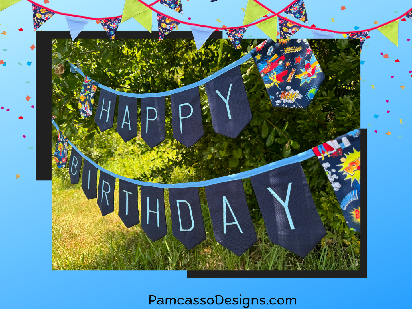 Bunting | Customizable Heavy Duty Canvas Happy Birthday Bunting with Embroidered Letters Interchangeable Theme Panels