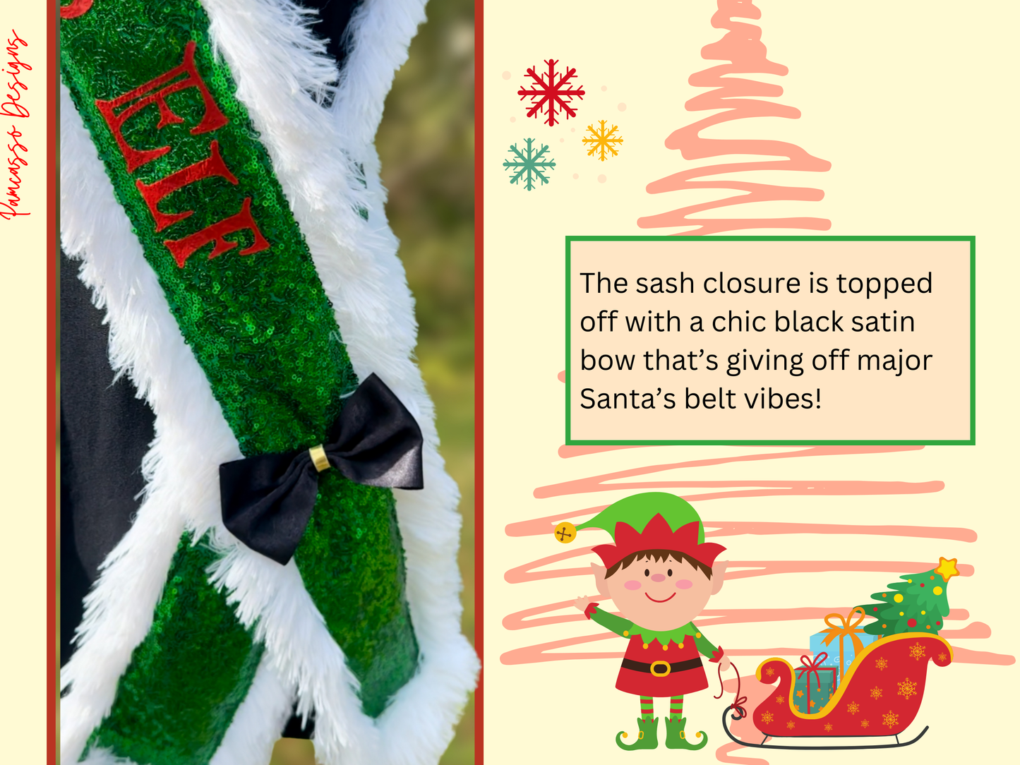 Sash | “Santa’s Elf” Green Sequin Sash Stole with Fur Trim – Santa’s Holiday Scarf Outfit