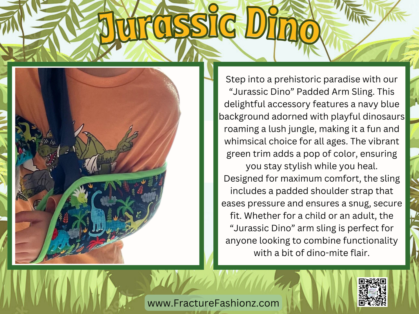 Arm Sling | Jurassic Dino Padded Arm Sling – Navy Blue with Dinosaurs in a Jungle Setting