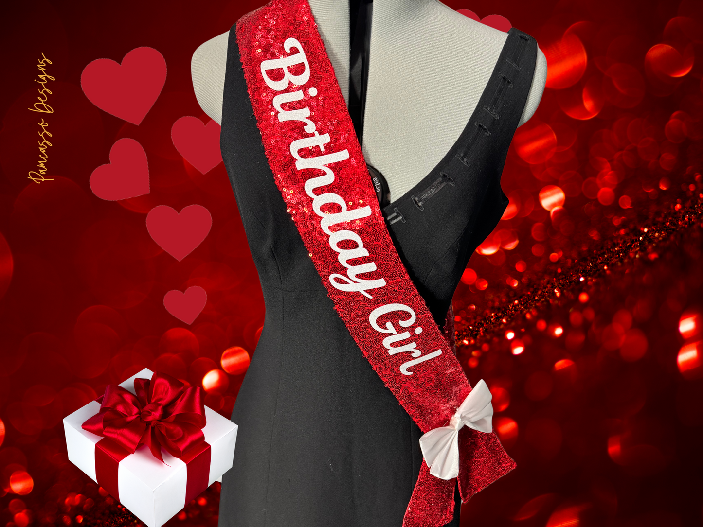 Sash | Personalizable Red Sequin Fabric Sash- Valentines - Custom Birthday Party Sash