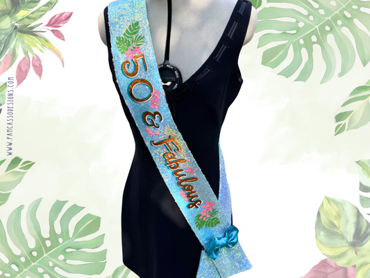 Sash | Hawaiian Blue Sequin Sash with Copper Lettering and Tropical Highlights