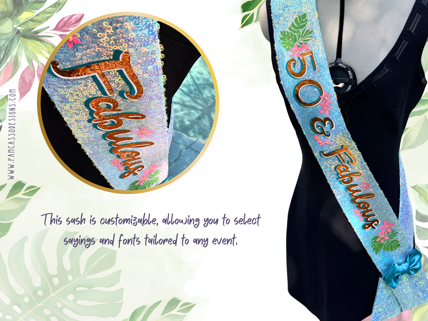 Ceinture en satin noir avec sequins et inscription dorée, bordée d'un galon doré
