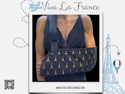 padded black arm sling by Fracture Fashionz with the Eiffel Tower in shiny gold print
