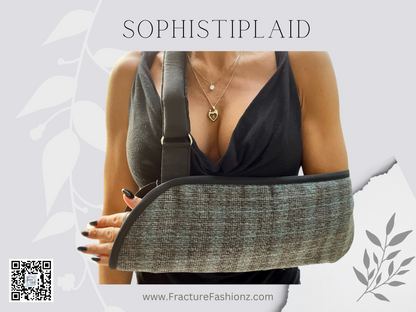 padded arm sling in a sophisticated gray plaid fabric with a hint of blue