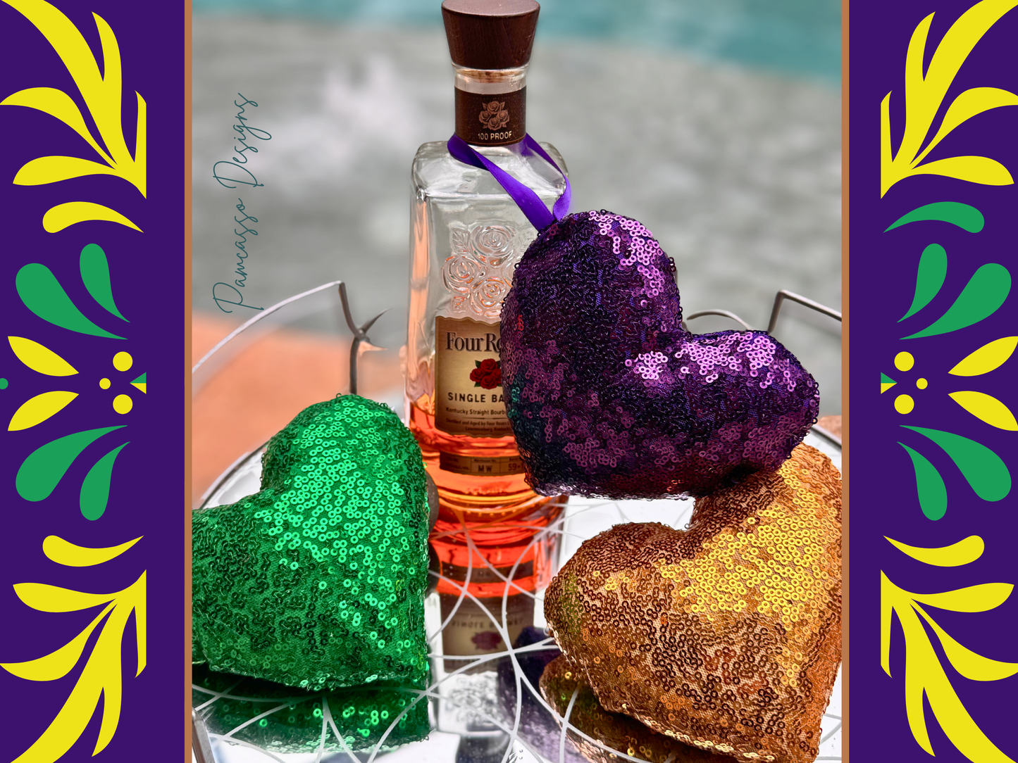 Sequins Puffy Mardi Gras Hearts, Ornaments - Purple Gold Green