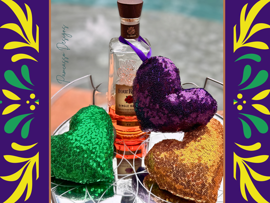 Sequins Puffy Mardi Gras Hearts, Ornaments - Purple Gold Green