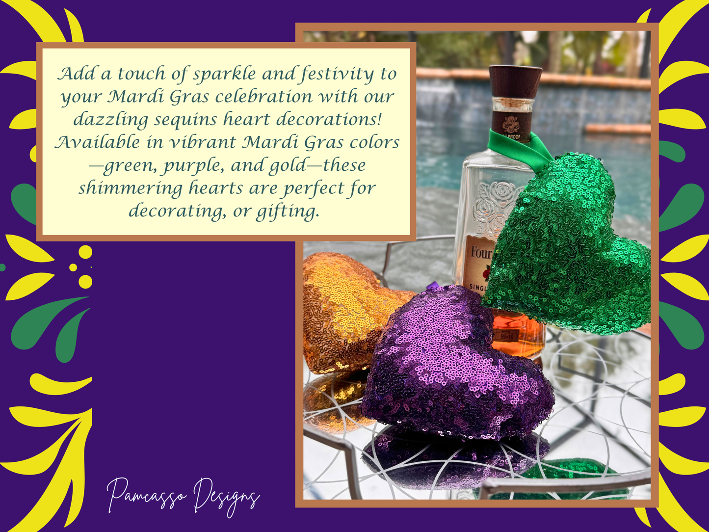 Sequins Puffy Mardi Gras Hearts, Ornaments - Purple Gold Green