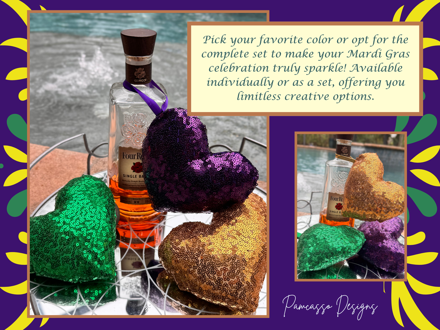 Sequins Puffy Mardi Gras Hearts, Ornaments - Purple Gold Green