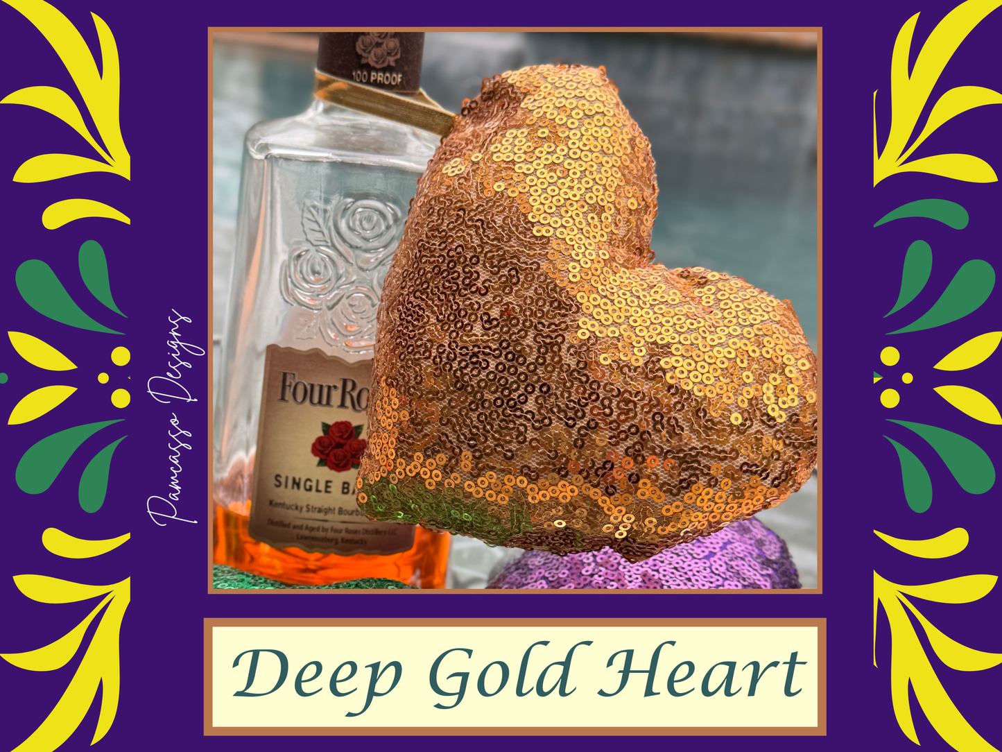 Sequins Puffy Mardi Gras Hearts, Ornaments - Purple Gold Green
