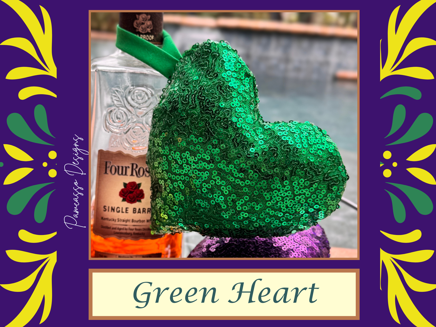 Sequins Puffy Mardi Gras Hearts, Ornaments - Purple Gold Green