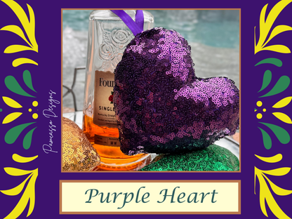 Sequins Puffy Mardi Gras Hearts, Ornaments - Purple Gold Green