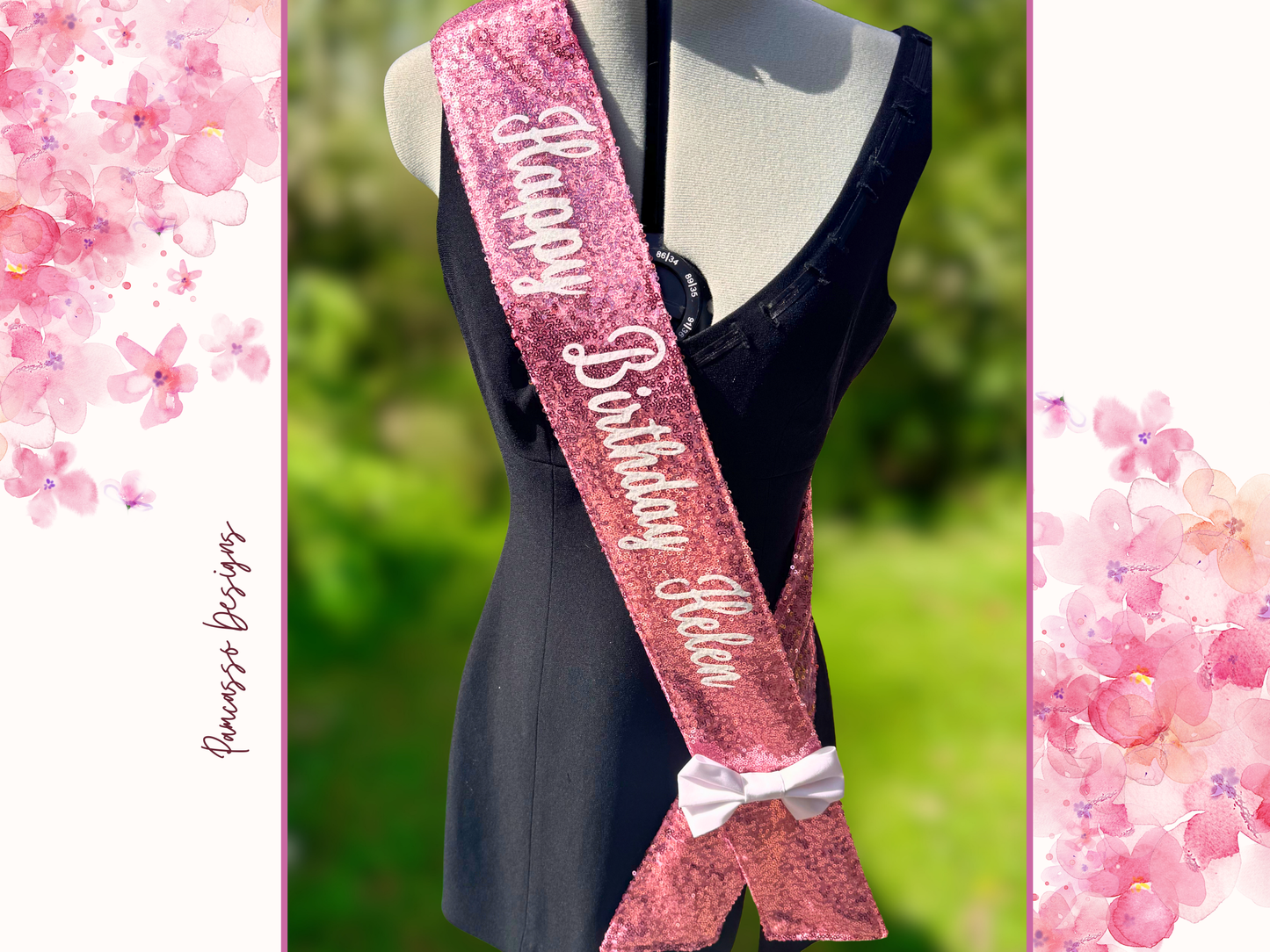 Écharpe | Écharpe scintillante rose avec sequins et nœud en satin "Birthday Girl"