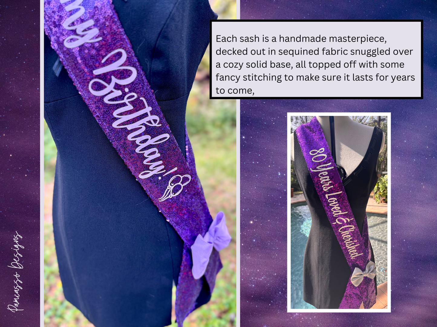 Écharpe | Écharpe de célébration personnalisée en sequins violets royaux avec nœud lavande