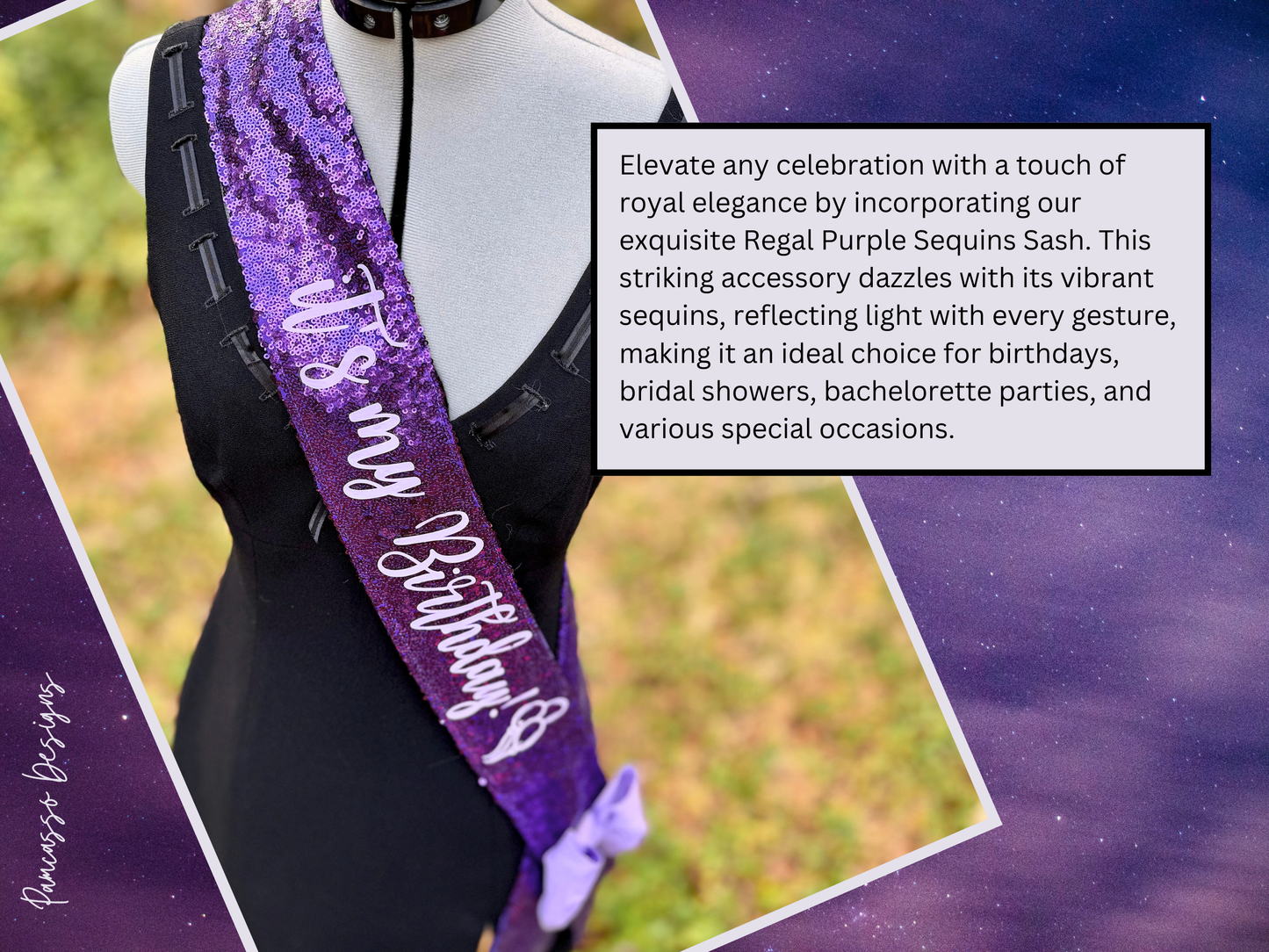 Sash | Personalized Regal Purple Sequin Celebration Sash Stole with Lavender Bow