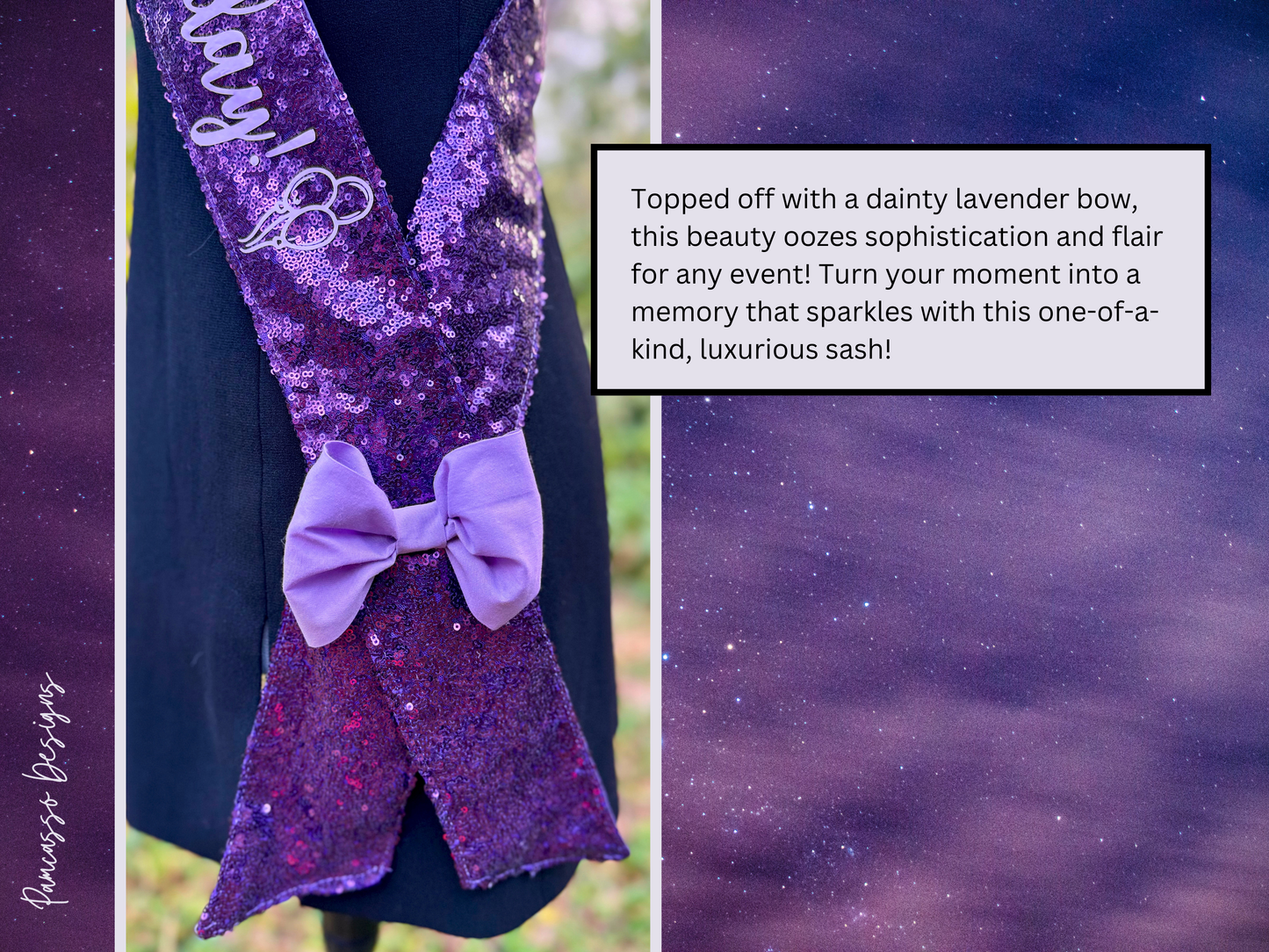 Sash | Personalized Regal Purple Sequin Celebration Sash Stole with Lavender Bow