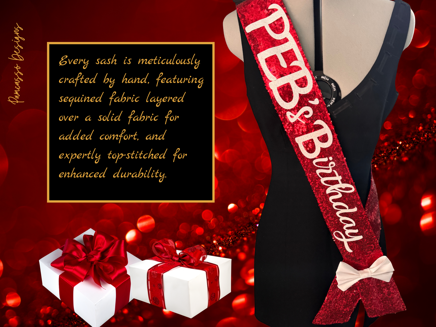 Sash | Personalizable Red Sequin Fabric Sash- Valentines - Custom Birthday Party Sash