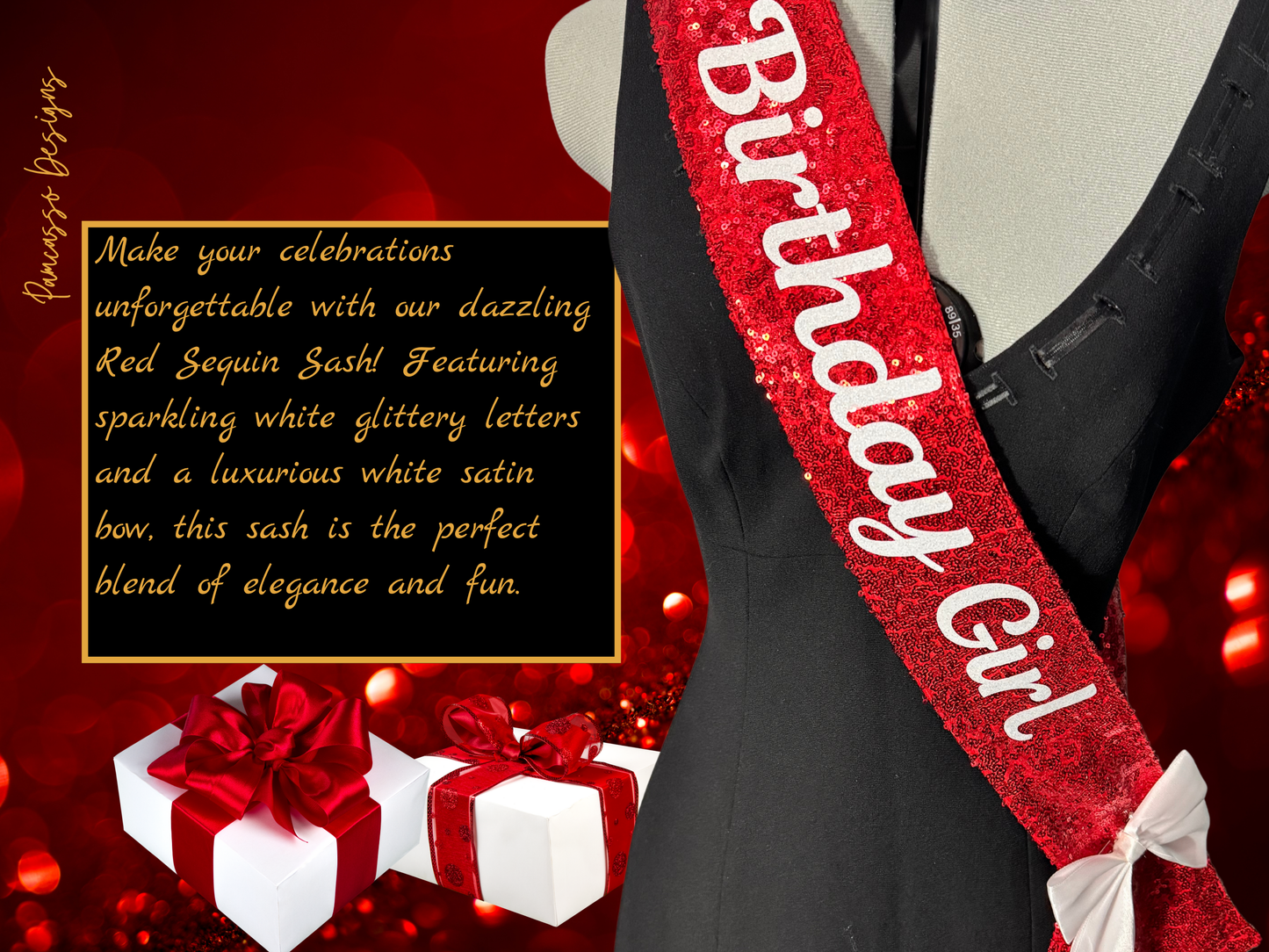 Sash | Personalizable Red Sequin Fabric Sash- Valentines - Custom Birthday Party Sash