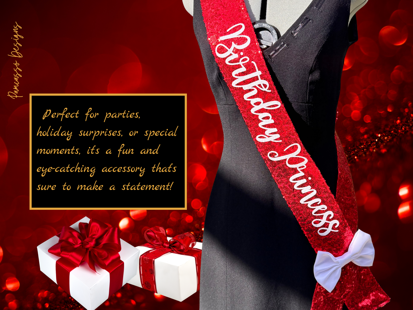 Sash | Personalizable Red Sequin Fabric Sash- Valentines - Custom Birthday Party Sash