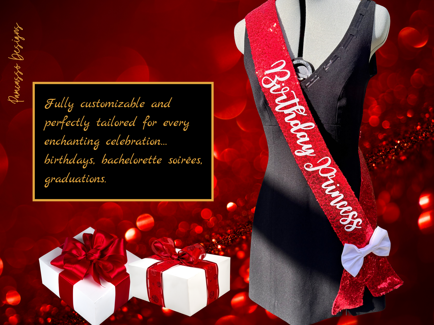 Sash | Personalizable Red Sequin Fabric Sash- Valentines - Custom Birthday Party Sash