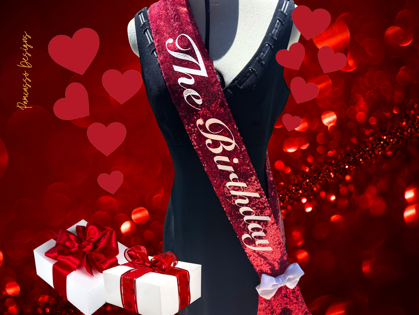 Sash | Personalizable Red Sequin Fabric Sash- Valentines - Custom Birthday Party Sash