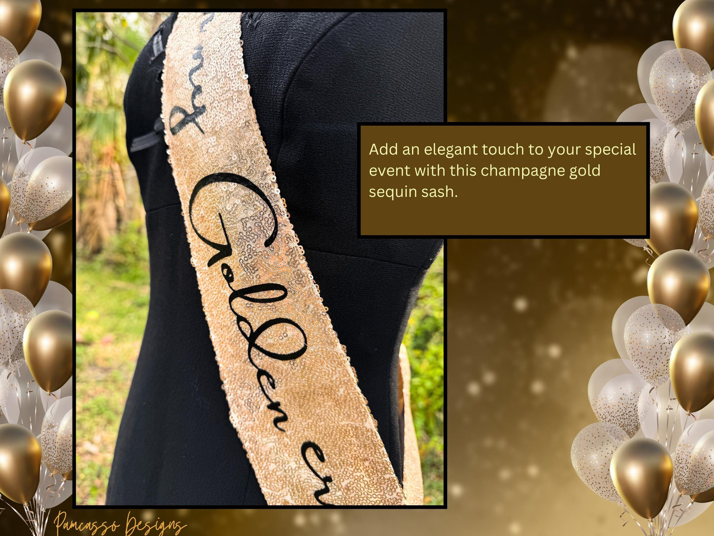 Sash | Champagne Gold Sequins Customizable Party Sash- personalize birthday celebration