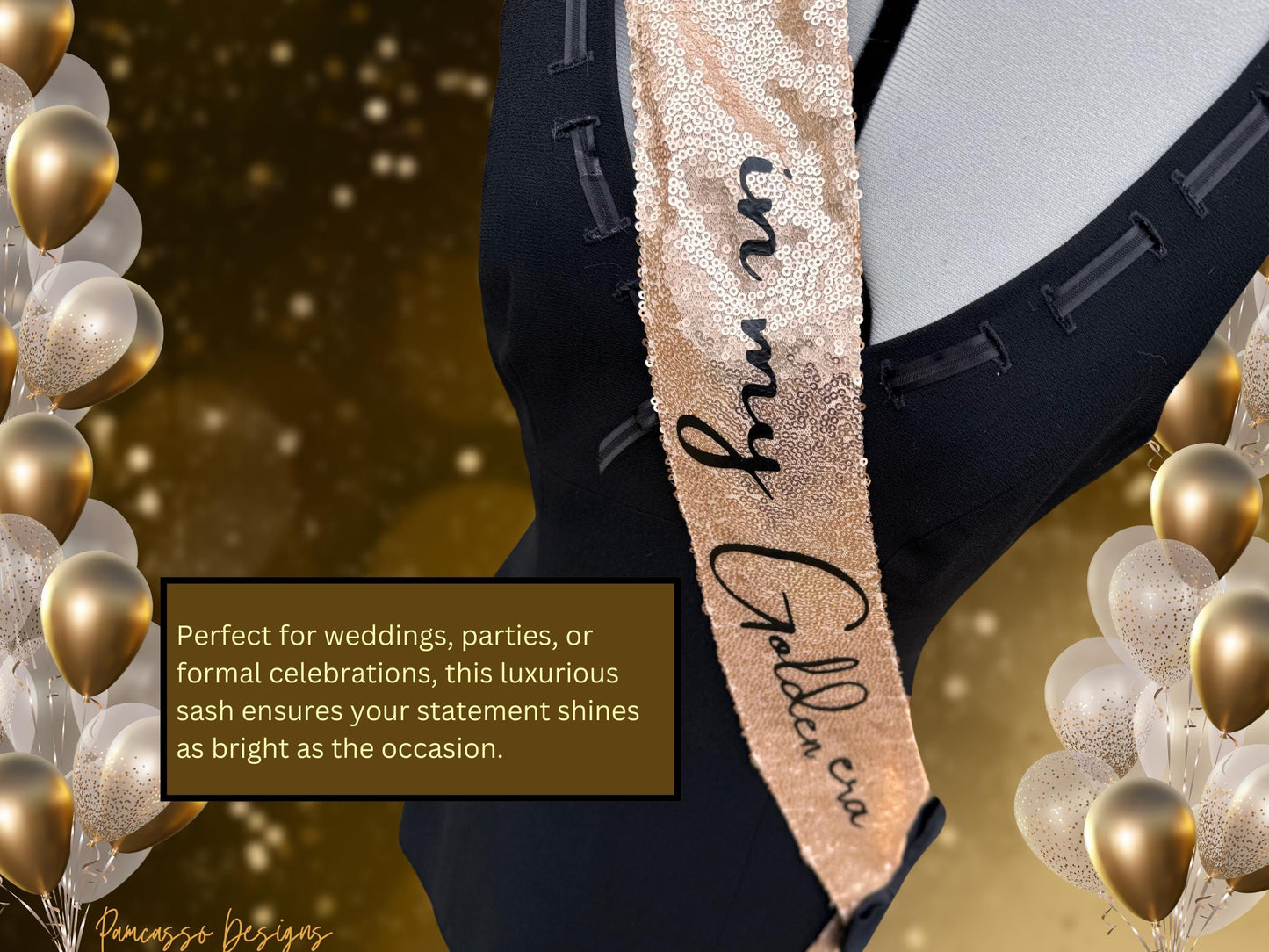 Sash | Champagne Gold Sequins Customizable Party Sash- personalize birthday celebration