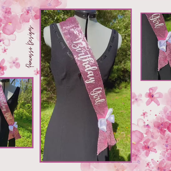 Celebrate in style with this stunning Pink Sequins Sash, perfect for making any birthday girl shine! Adorned with sparkling sequins and “Birthday Girl” elegantly written in white, this sash adds a touch of glamour to any outfit.