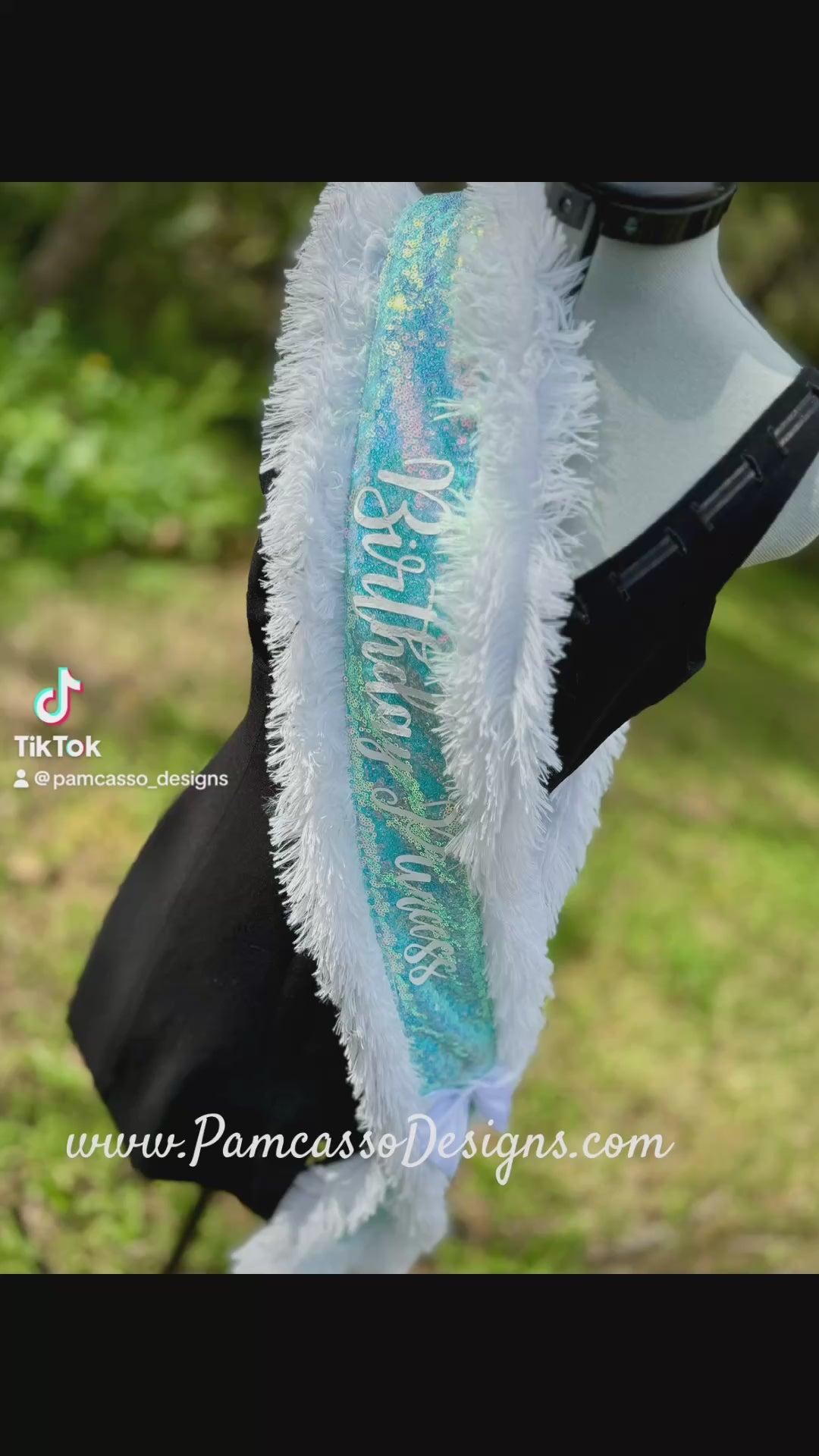 Make any celebration unforgettable with our Ice Blue Iridescent Sequin Sash! This dazzling sash features shimmering ice blue sequins that catch the light beautifully, giving it a magical glow. Trimmed with soft white faux fur for a touch of elegance, it’s adorned with ‘Birthday Princess’—or personalized with a custom message for that extra-special touch. Finished with a classic white satin bow closure, this sash is perfect for birthdays, photoshoots, or any occasion where you want to feel like royalty