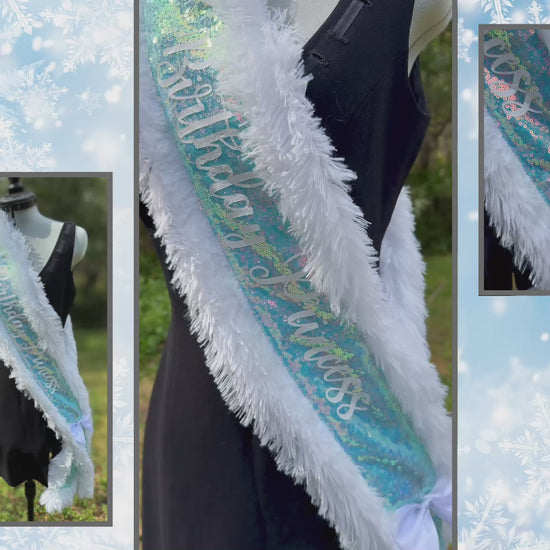 Make any celebration unforgettable with our Ice Blue Iridescent Sequin Sash! This dazzling sash features shimmering ice blue sequins that catch the light beautifully, giving it a magical glow. Trimmed with soft white faux fur for a touch of elegance, it’s adorned with ‘Birthday Princess’—or personalized with a custom message for that extra-special touch. Finished with a classic white satin bow closure, this sash is perfect for birthdays, photoshoots, or any occasion where you want to feel like royalty