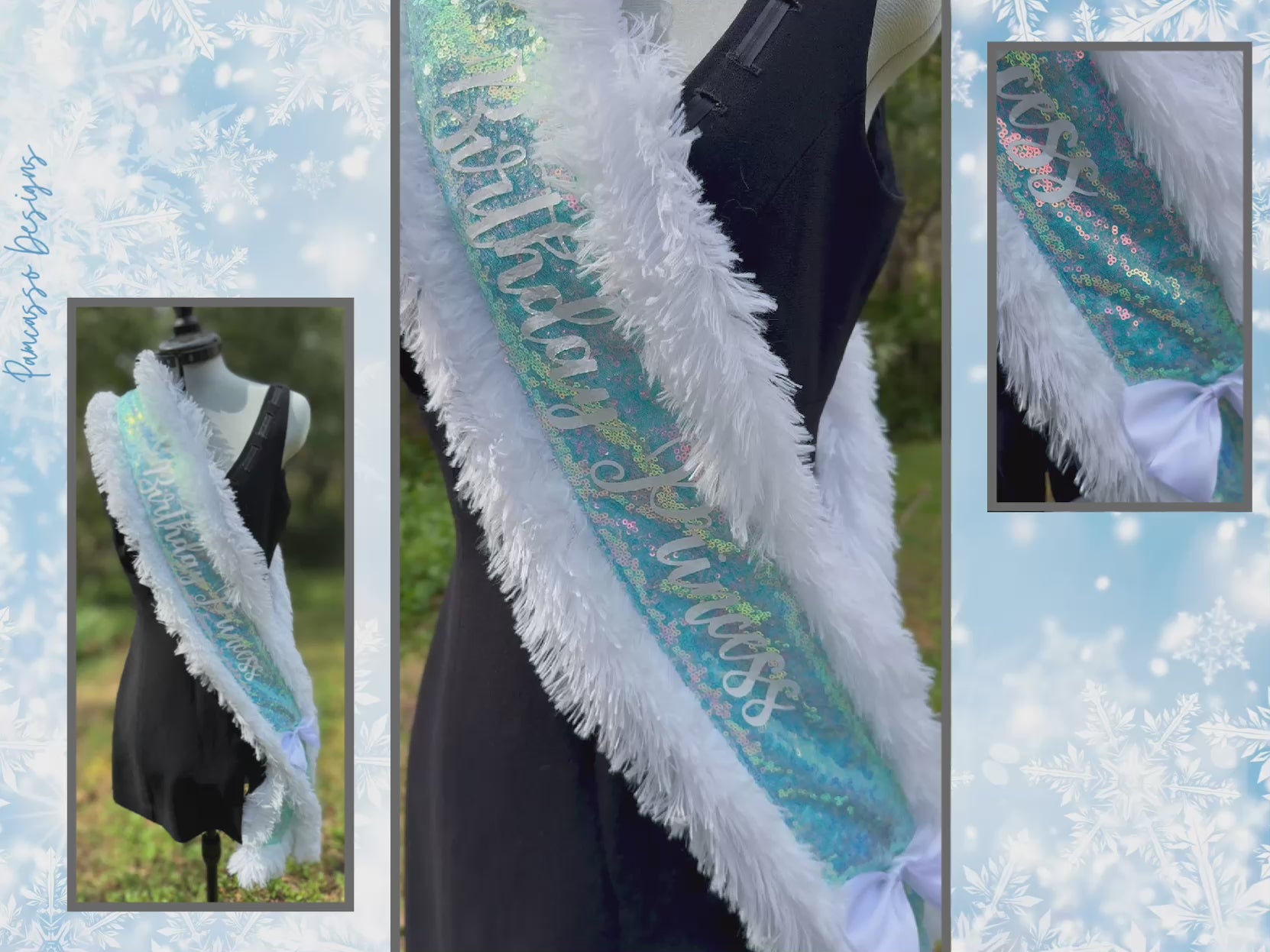 Make any celebration unforgettable with our Ice Blue Iridescent Sequin Sash! This dazzling sash features shimmering ice blue sequins that catch the light beautifully, giving it a magical glow. Trimmed with soft white faux fur for a touch of elegance, it’s adorned with ‘Birthday Princess’—or personalized with a custom message for that extra-special touch. Finished with a classic white satin bow closure, this sash is perfect for birthdays, photoshoots, or any occasion where you want to feel like royalty