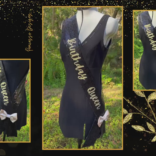 Celebrate in style with this dazzling black sequin “Birthday Queen” sash, designed to make any birthday unforgettable! Crafted with shimmering black sequins, this sash catches the light and adds sparkle to every moment. The bold “Birthday Queen” text stands out beautifully, making it clear who the star of the day is. A luxurious gold satin bow adds an elegant touch, giving a pop of contrast and a touch of sophistication.