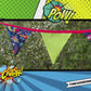 Superhero Bunting Garland - Blue & Green Pennants with Red Trim and Fun Hero Phrases