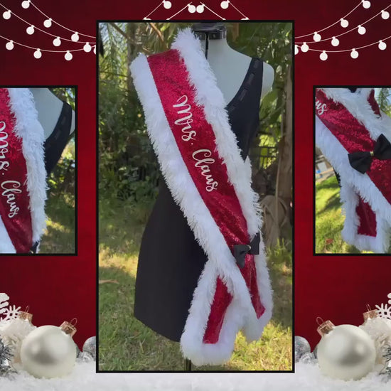 Add a festive touch to your holiday look with this vibrant red sequin “Mrs. Claus” sash! Trimmed in soft, white faux fur for a cozy, wintery feel, this sash catches the light with every step. A chic black satin bow with a gold accent adds a pop of elegance, completing the classic Christmas-inspired design.