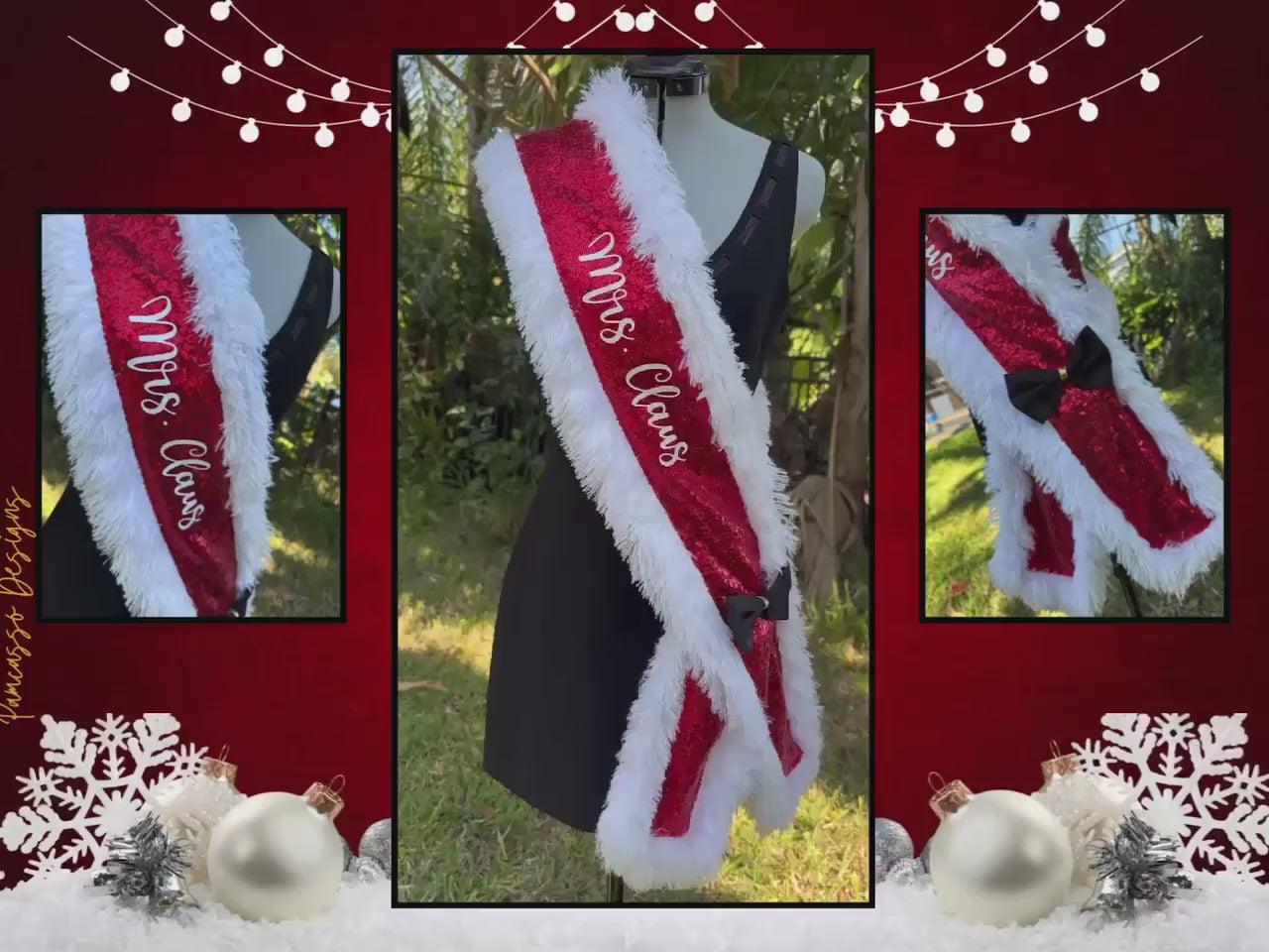 Add a festive touch to your holiday look with this vibrant red sequin “Mrs. Claus” sash! Trimmed in soft, white faux fur for a cozy, wintery feel, this sash catches the light with every step. A chic black satin bow with a gold accent adds a pop of elegance, completing the classic Christmas-inspired design.